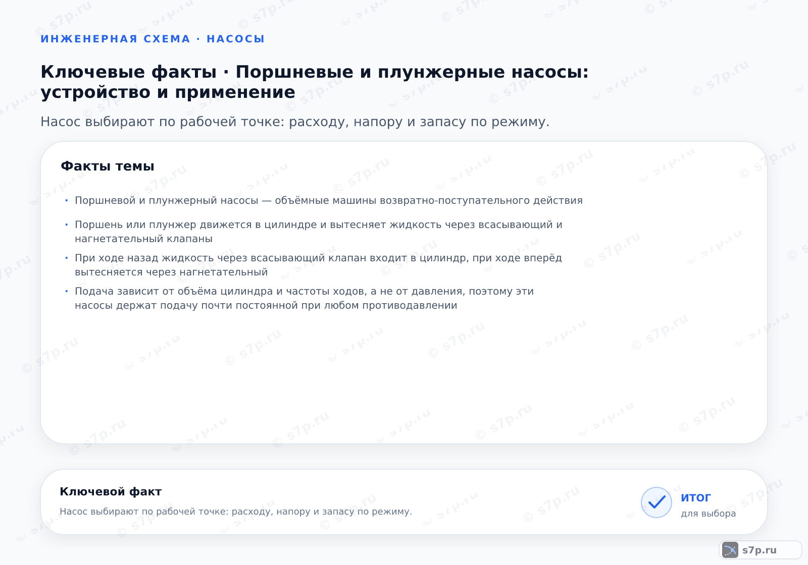 Карточки ключевых значений темы «Поршневые и плунжерные насосы: устройство и применение»: Поршневой и плунжерный насосы — объёмные машины возвратно-поступательного действия; Поршень или плунжер движется в цилиндре и вытесняет жидкость через всасывающий и нагнетательный клапаны