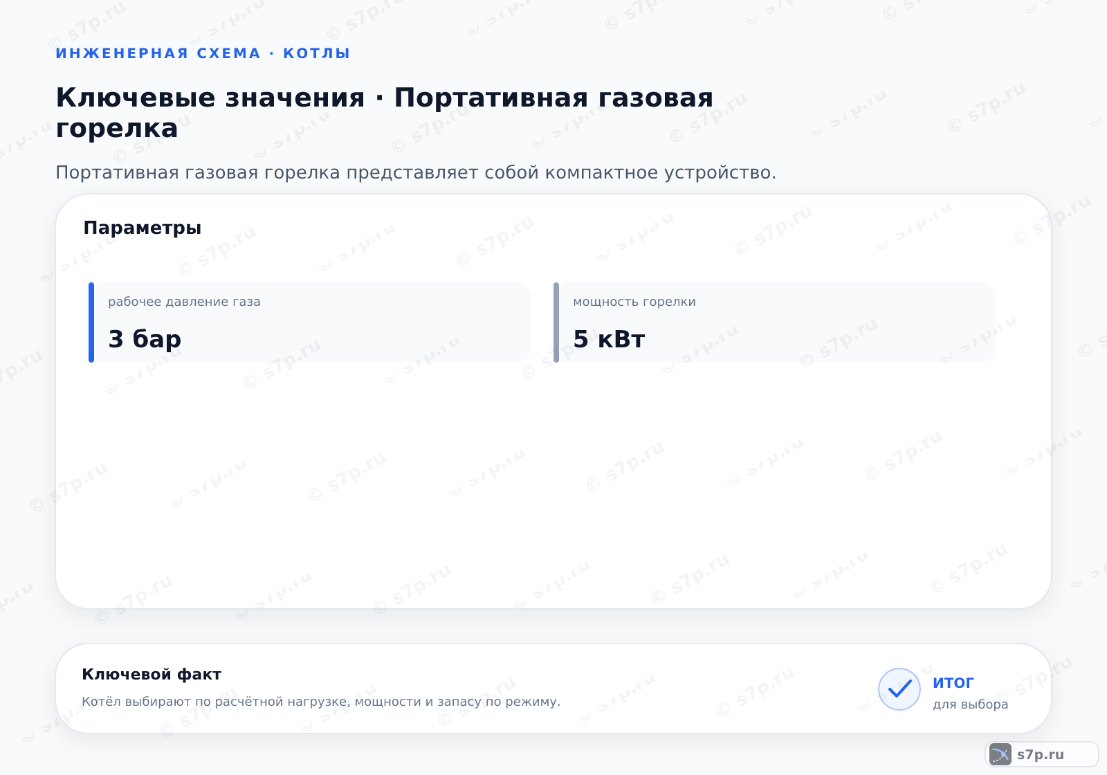 Карточки ключевых значений темы «Портативная газовая горелка»: рабочее давление газа — 3 бар