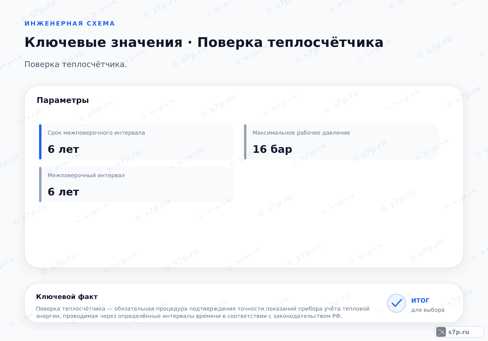 Карточки ключевых значений темы «Поверка теплосчётчика»: Срок межповерочного интервала — 6 лет; Межповерочный интервал — 6 лет