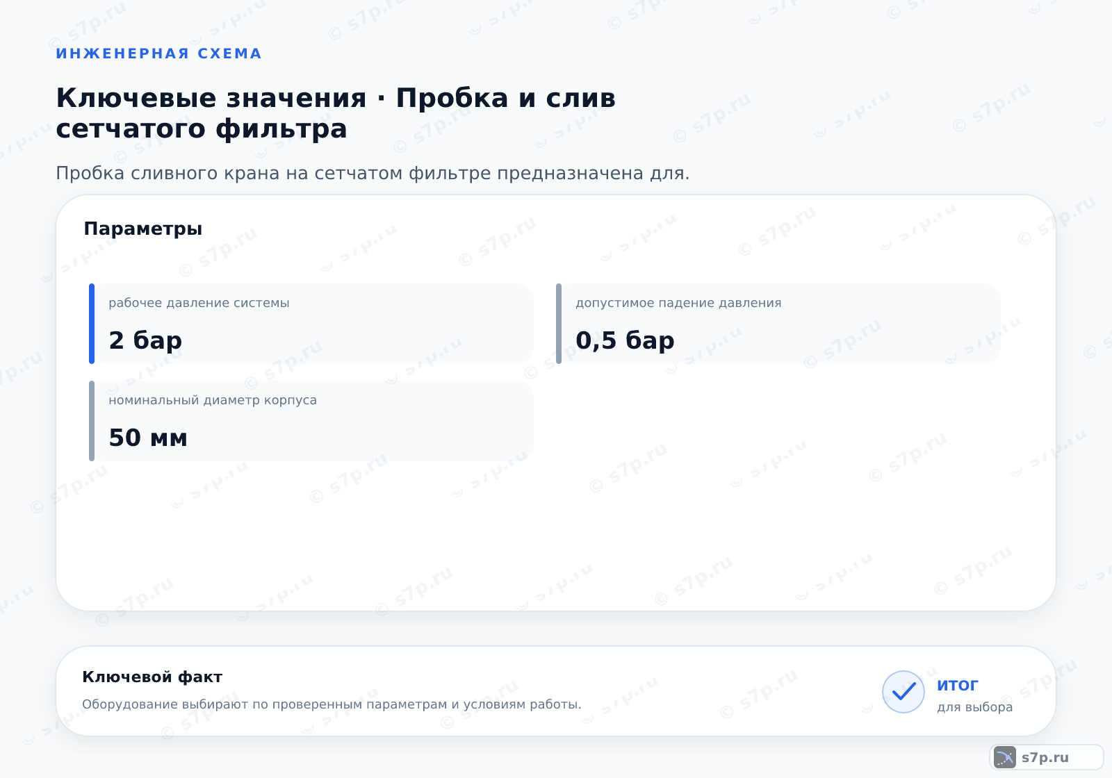 Карточки ключевых значений темы «Пробка и слив сетчатого фильтра»: рабочее давление системы — 2 бар; допустимое падение давления — 0,5 бар