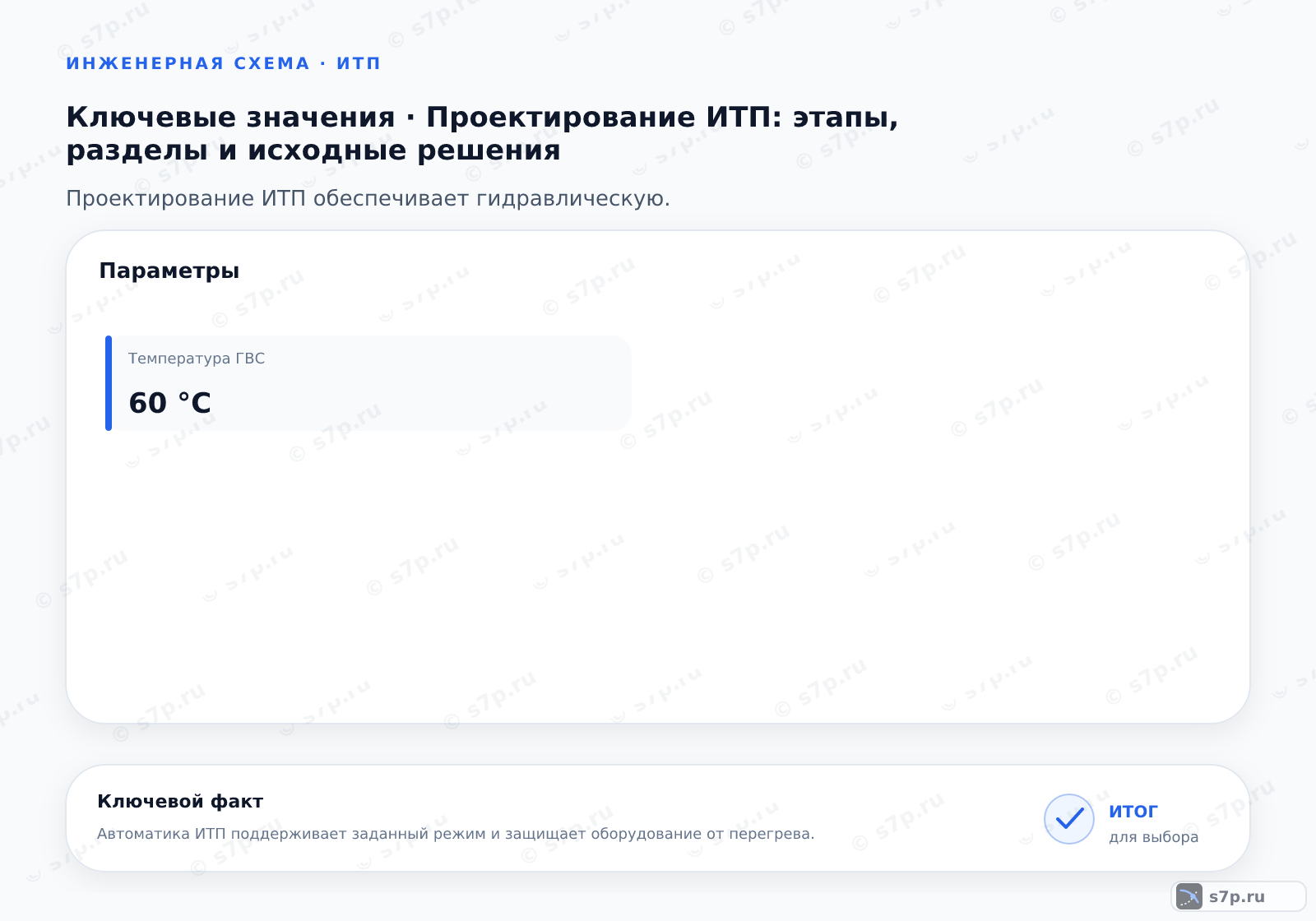 Карточки ключевых значений темы «Проектирование ИТП: этапы, разделы и исходные решения»: Температура ГВС — 60 °C