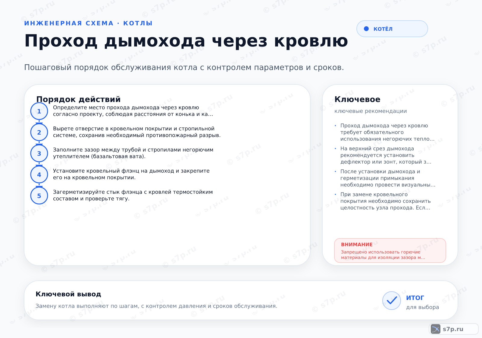Hero-инфографика темы «Проход дымохода через кровлю»: котёл; ключевые данные: высота дымохода — 5 м