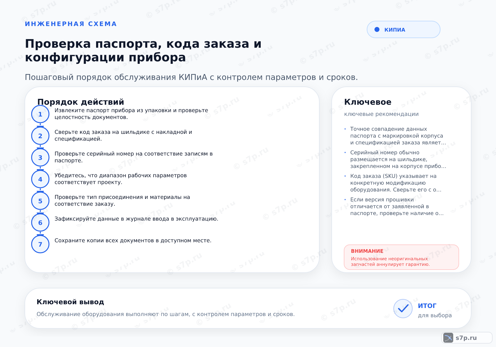 Hero-инфографика темы «Проверка паспорта, кода заказа и конфигурации прибора»: КИПиА; ключевые данные: рабочее давление — 2 бар