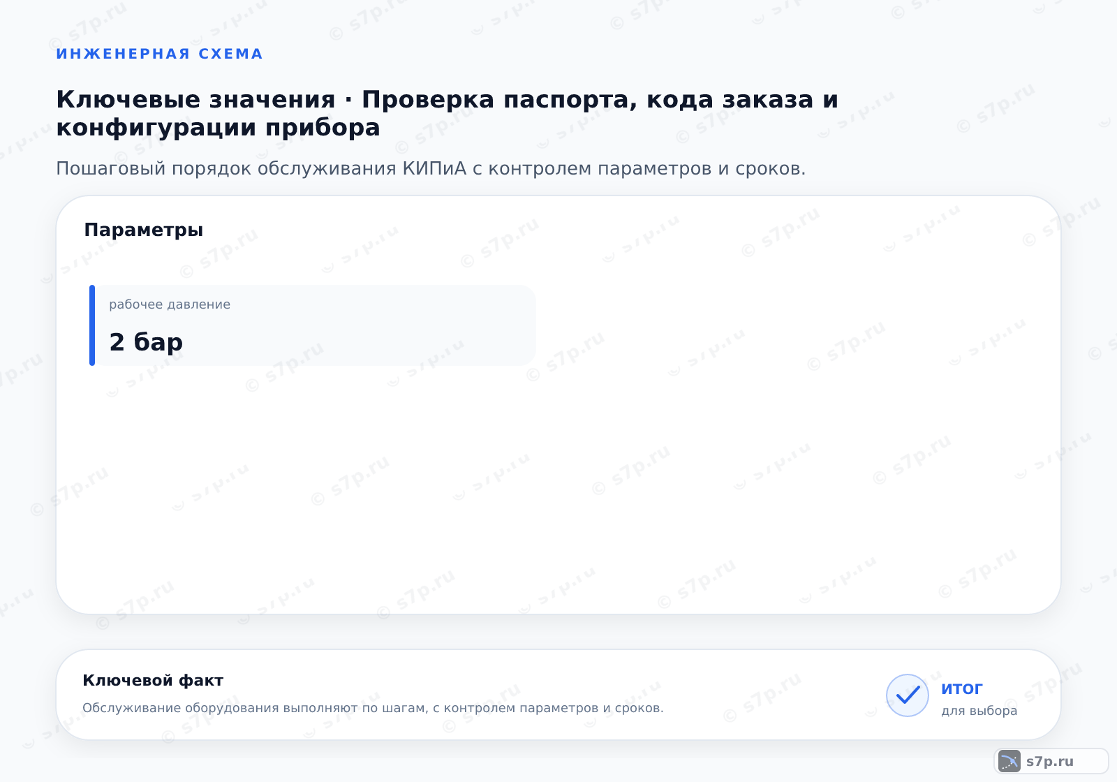 Карточки ключевых значений темы «Проверка паспорта, кода заказа и конфигурации прибора»: рабочее давление — 2 бар