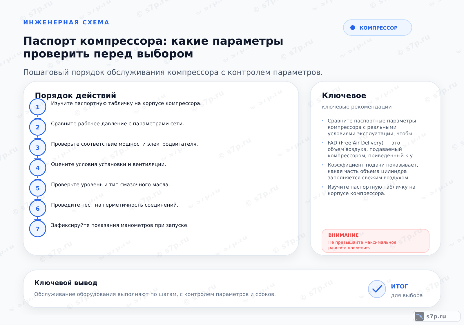 Hero-инфографика темы «Паспорт компрессора: какие параметры проверить перед выбором»: компрессор; ключевые данные: Сравните паспортные параметры компрессора с реальными условиями эксплуатации, чтобы избежать перегрузки двигателя и падения производительности.; FAD (Free Air Delivery) — это объем воздуха, подаваемый компрессором, приведенный к условиям на входе. Это ключевой параметр, так как он показывает реальную производительность. Всегда проверяйте, при каких температуре и давлении указан этот объем. Если в паспорте условия отличаются от ваших, пересчитайте производительность. Игнорирование этого приводит к нехватке воздуха в системе.