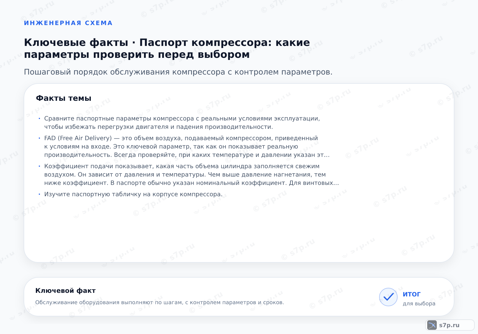 Карточки ключевых значений темы «Паспорт компрессора: какие параметры проверить перед выбором»: Сравните паспортные параметры компрессора с реальными условиями эксплуатации, чтобы избежать перегрузки двигателя и падения производительности.; FAD (Free Air Delivery) — это объем воздуха, подаваемый компрессором, приведенный к условиям на входе. Это ключевой параметр, так как он показывает реальную производительность. Всегда проверяйте, при каких температуре и давлении указан этот объем. Если в паспорте условия отличаются от ваших, пересчитайте производительность. Игнорирование этого приводит к нехватке воздуха в системе.