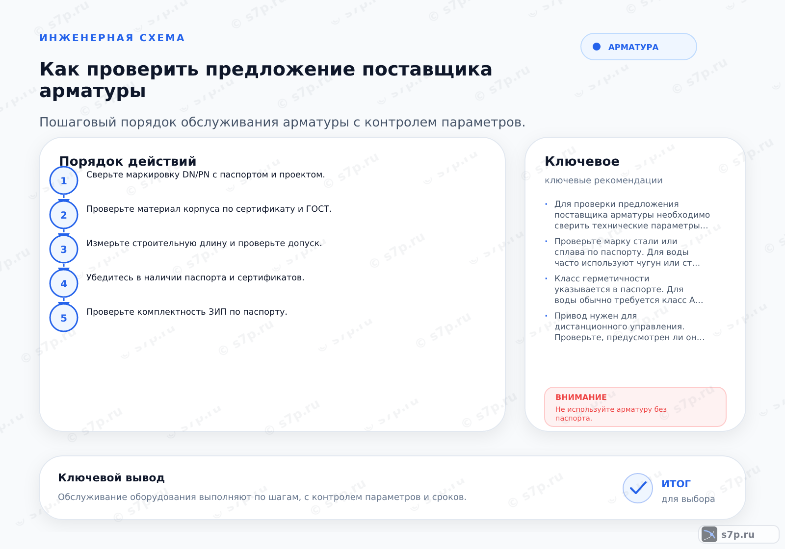 Hero-инфографика темы «Как проверить предложение поставщика арматуры»: арматура; ключевые данные: рабочее давление — 1,5 бар