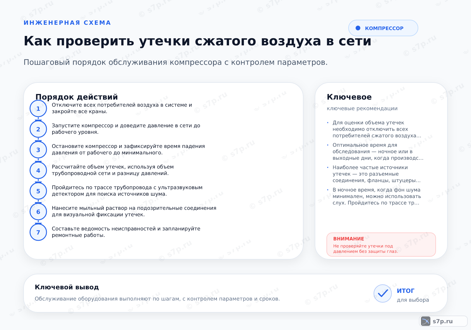 Hero-инфографика темы «Как проверить утечки сжатого воздуха в сети»: компрессор; ключевые данные: допустимый уровень утечек — 10 %; потери мощности компрессора — 20 %