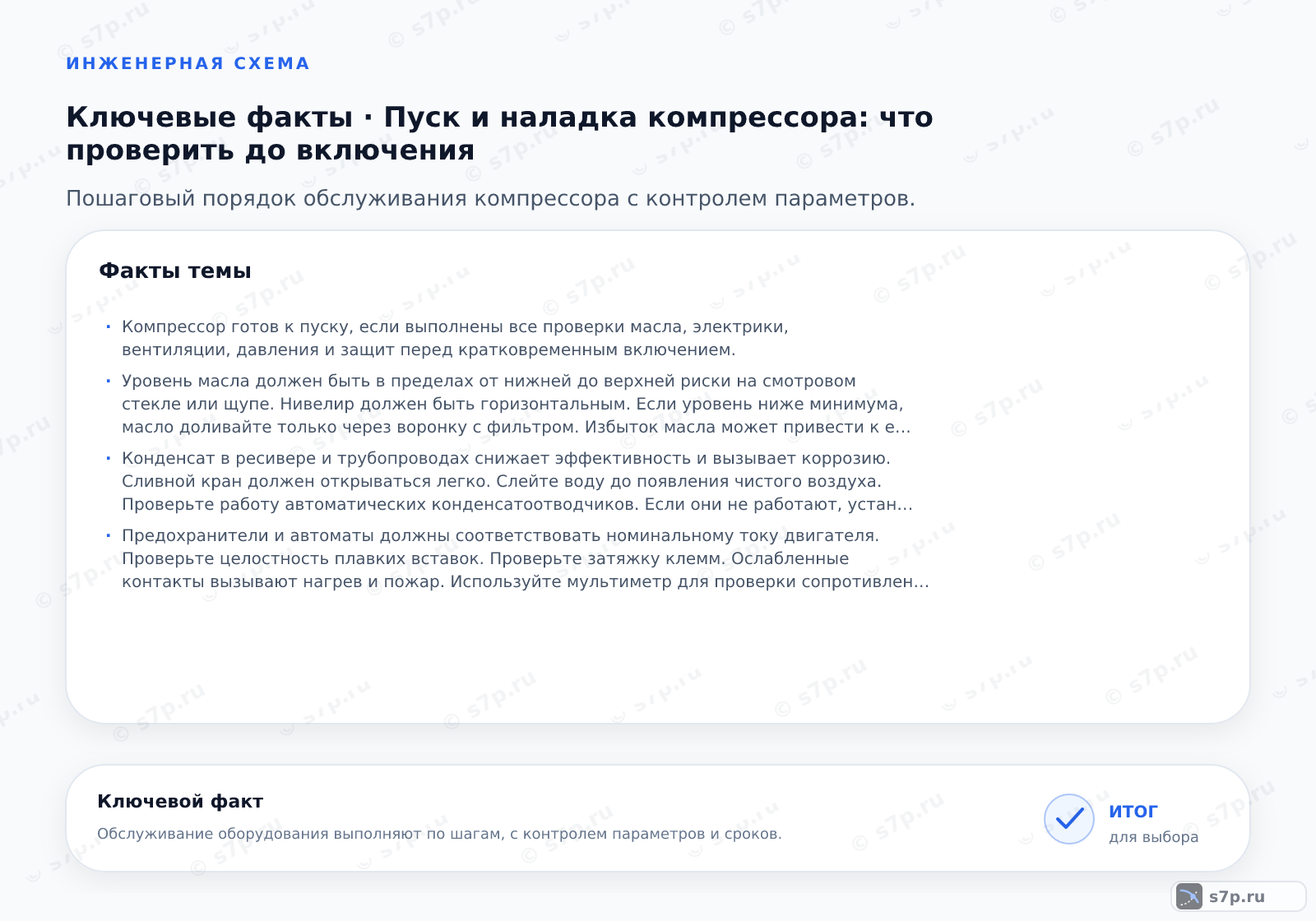 Карточки ключевых значений темы «Пуск и наладка компрессора: что проверить до включения»: Компрессор готов к пуску, если выполнены все проверки масла, электрики, вентиляции, давления и защит перед кратковременным включением.; Уровень масла должен быть в пределах от нижней до верхней риски на смотровом стекле или щупе. Нивелир должен быть горизонтальным. Если уровень ниже минимума, масло доливайте только через воронку с фильтром. Избыток масла может привести к его попаданию в систему и гидроудару. Используйте только масло, рекомендованное производителем. Проверьте отсутствие течи из-под пробок картера.