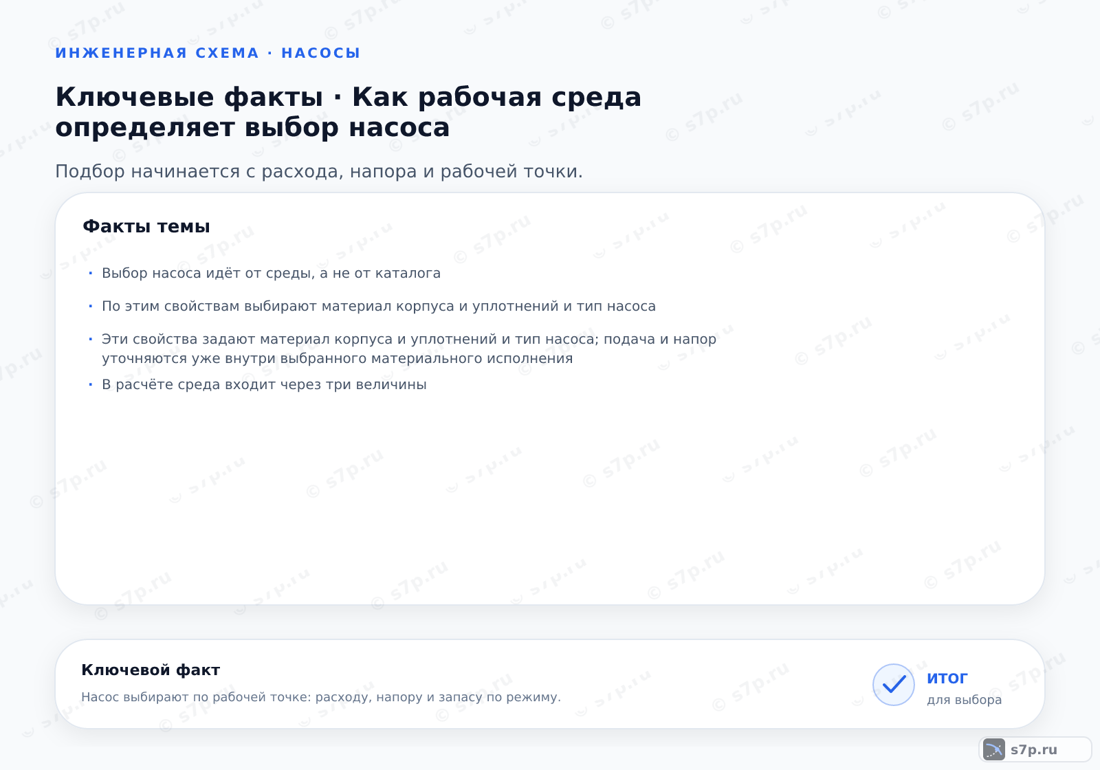 Карточки ключевых значений темы «Как рабочая среда определяет выбор насоса»: Выбор насоса идёт от среды, а не от каталога; По этим свойствам выбирают материал корпуса и уплотнений и тип насоса