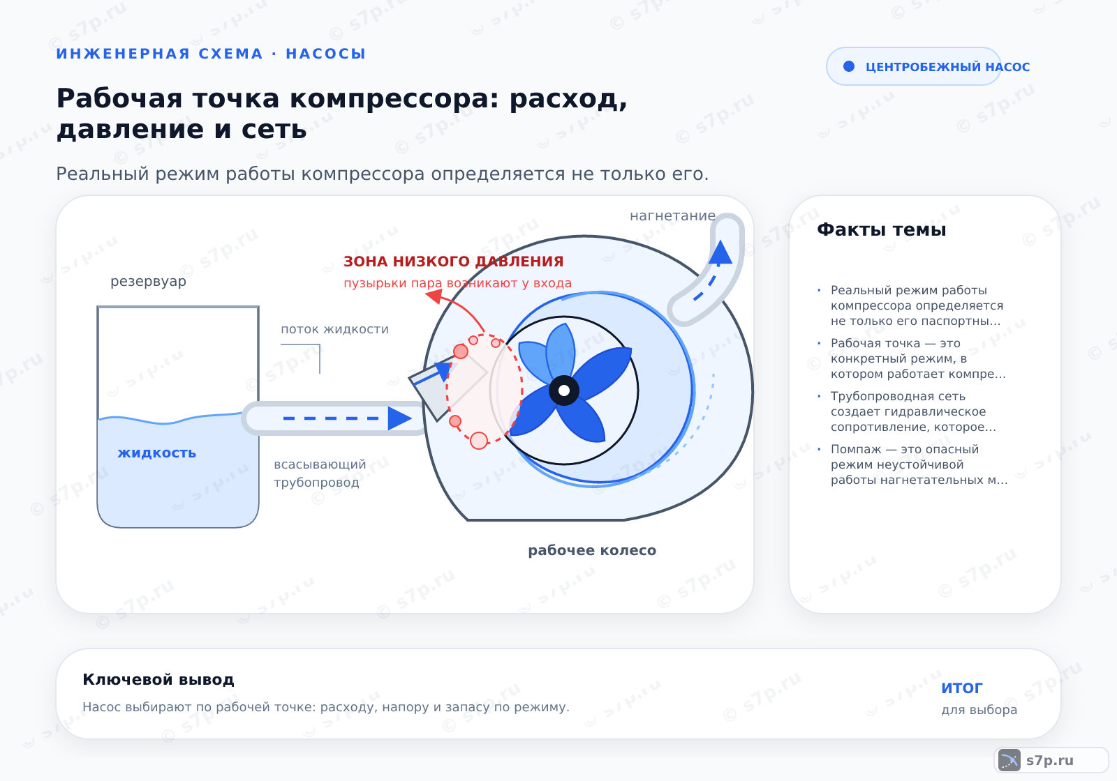 Hero-инфографика темы «Рабочая точка компрессора: расход, давление и сеть»: компрессор; ключевые данные: Реальный режим работы компрессора определяется не только его паспортными характеристиками, но и гидравлическим сопротивлением сети, настройками регулятора и потребностью потребителя, что формирует единую рабочую точку пересечения кривой компрессора и характеристики сети.; Рабочая точка — это конкретный режим, в котором работает компрессор в этот момент. Она определяется пересечением двух графиков: характеристики самого компрессора (зависимость давления от расхода) и характеристики трубопроводной сети (сопротивление системы). Если сеть требует большего давления, чем может дать компрессор при текущем расходе, точка смещается. Важно, чтобы эта точка находилась в зоне устойчивой работы, избегая помпажа или перегрузки двигателя.