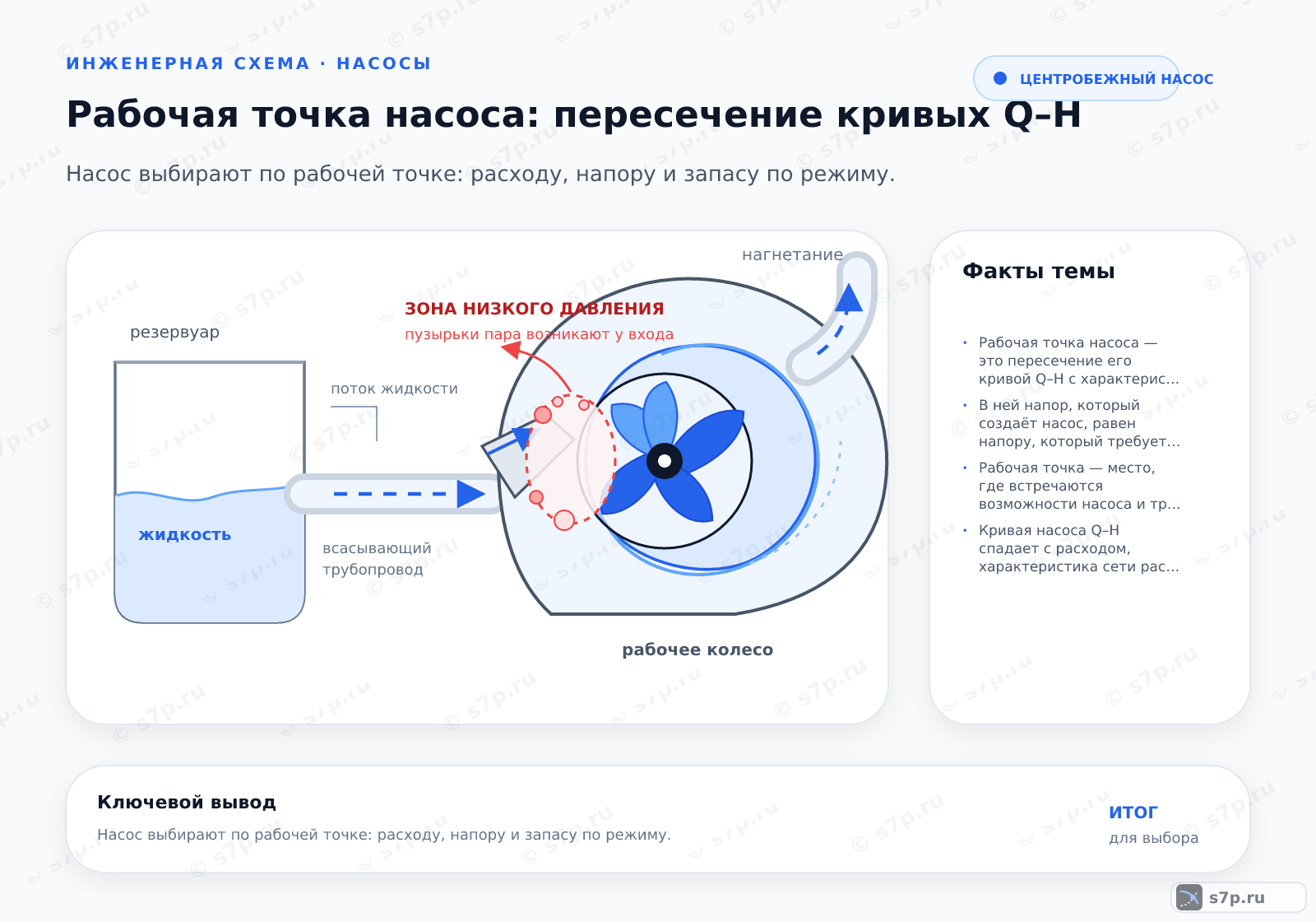 Hero-инфографика темы «Рабочая точка насоса: пересечение кривых Q–H»: насос; ключевые данные: Рабочая точка насоса — это пересечение его кривой Q–H с характеристикой сети; В ней напор, который создаёт насос, равен напору, который требует трубопровод при том же расходе
