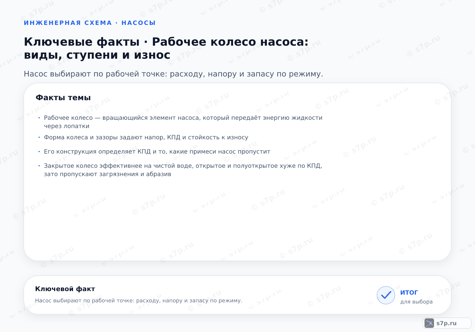Карточки ключевых значений темы «Рабочее колесо насоса: виды, ступени и износ»: Рабочее колесо — вращающийся элемент насоса, который передаёт энергию жидкости через лопатки; Форма колеса и зазоры задают напор, КПД и стойкость к износу