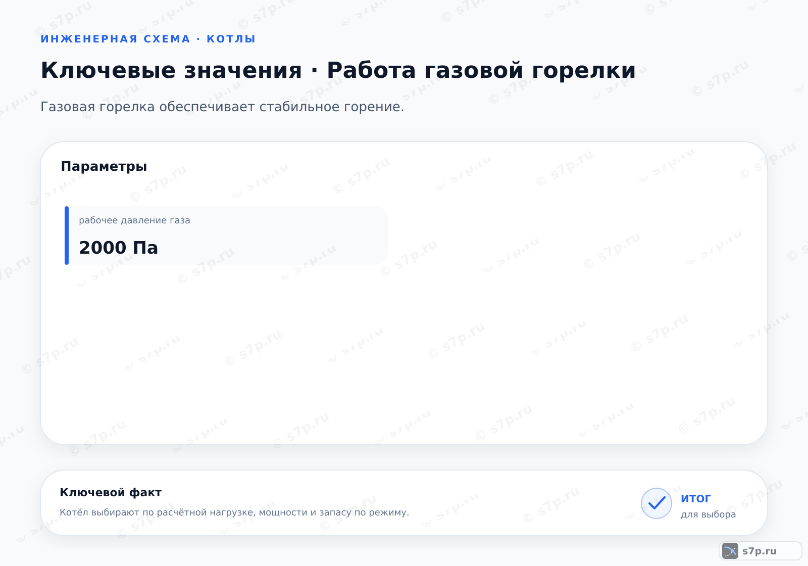 Карточки ключевых значений темы «Работа газовой горелки»: рабочее давление газа — 2000 Па