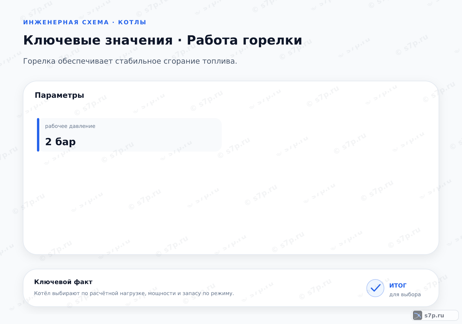Карточки ключевых значений темы «Работа горелки»: рабочее давление — 2 бар