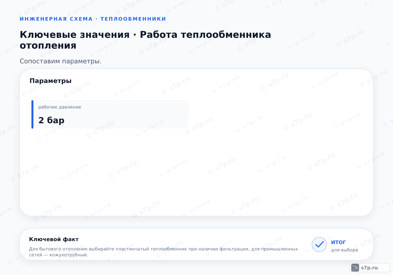 Карточки ключевых значений темы «Работа теплообменника отопления»: рабочее давление — 2 бар