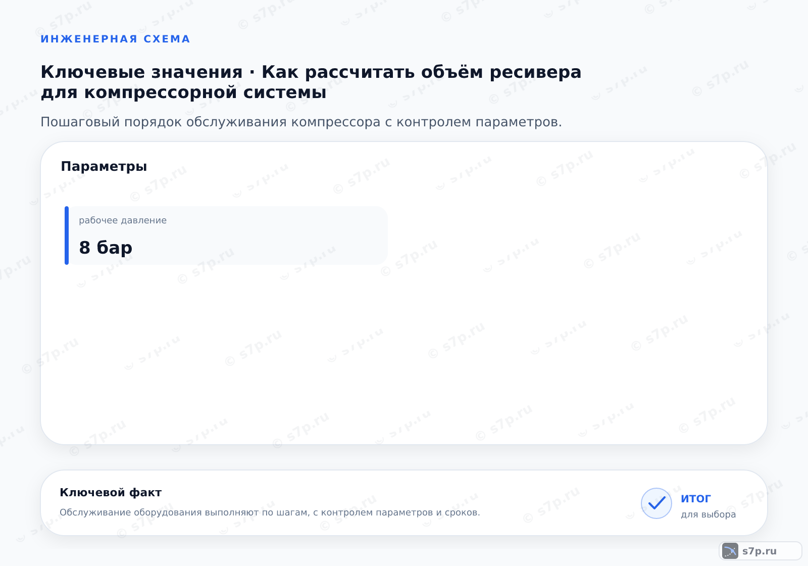 Карточки ключевых значений темы «Как рассчитать объём ресивера для компрессорной системы»: рабочее давление — 8 бар