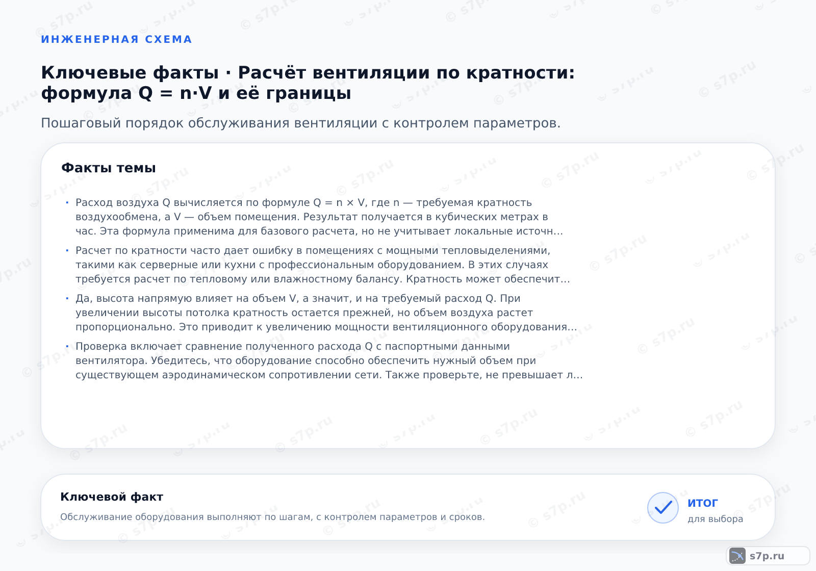 Карточки ключевых значений темы «Расчёт вентиляции по кратности: формула Q = n·V и её границы»: Расход воздуха Q вычисляется по формуле Q = n × V, где n — требуемая кратность воздухообмена, а V — объем помещения. Результат получается в кубических метрах в час. Эта формула применима для базового расчета, но не учитывает локальные источники загрязнения или тепловыделения оборудования.; Расчет по кратности часто дает ошибку в помещениях с мощными тепловыделениями, такими как серверные или кухни с профессиональным оборудованием. В этих случаях требуется расчет по тепловому или влажностному балансу. Кратность может обеспечить замену воздуха, но не справится с отводом избыточного тепла.