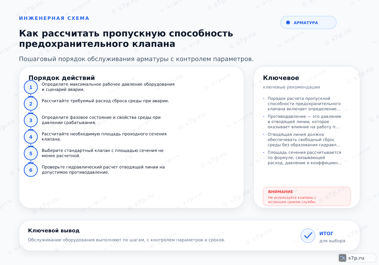 Hero-инфографика темы «Как рассчитать пропускную способность предохранительного клапана»: арматура; ключевые данные: рабочее давление котла — 2 бар