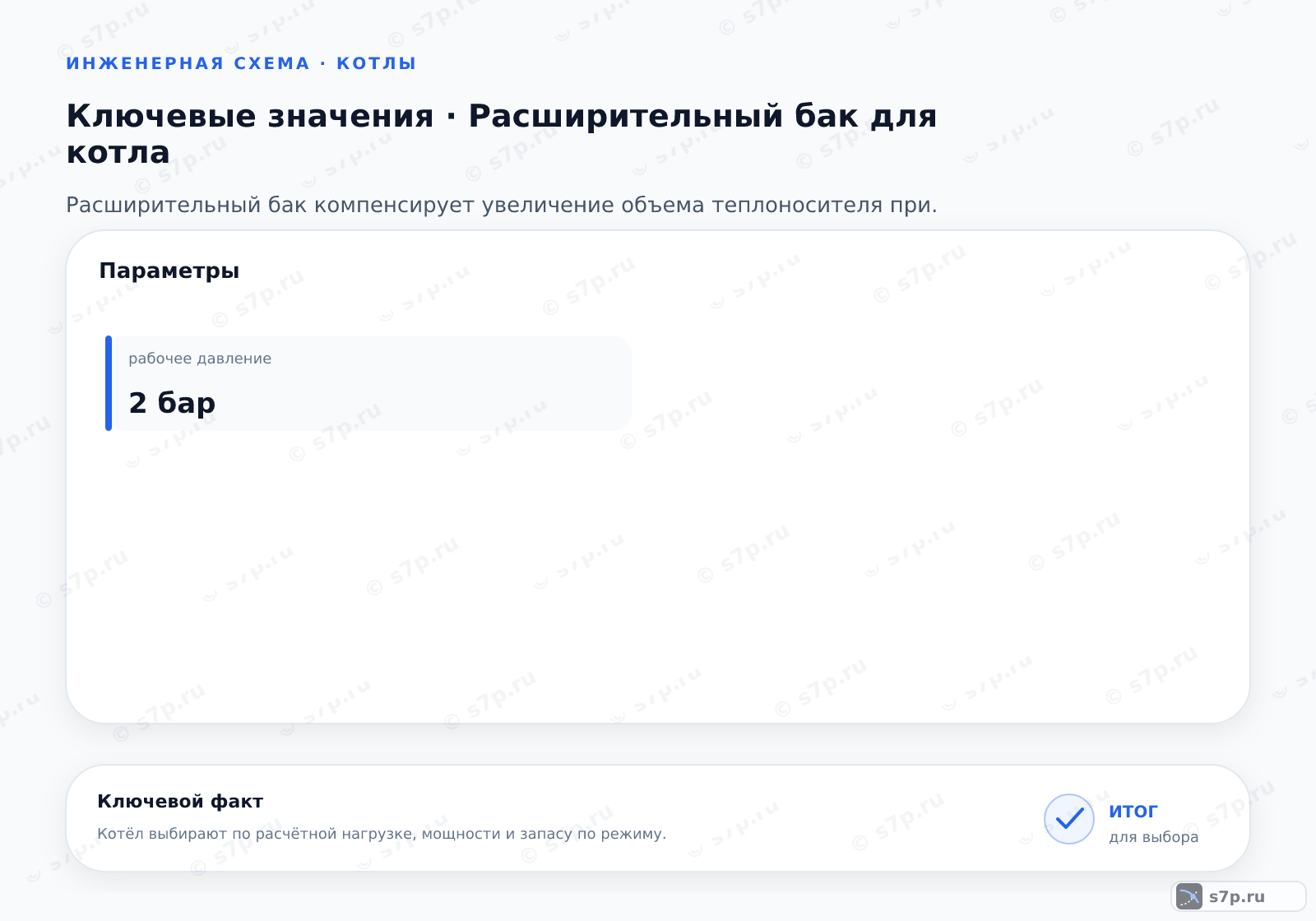 Карточки ключевых значений темы «Расширительный бак для котла»: рабочее давление — 2 бар