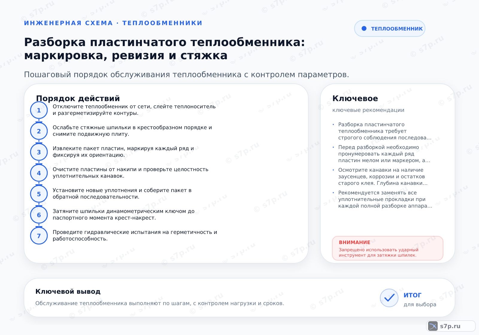Hero-инфографика темы «Разборка пластинчатого теплообменника: маркировка, ревизия и стяжка»: теплообменник; ключевые данные: Разборка пластинчатого теплообменника требует строгого соблюдения последовательности ослабления шпилек, фиксации ориентации пластин и контроля геометрии рамы для предотвращения перекосов при повторной сборке.; Перед разборкой необходимо пронумеровать каждый ряд пластин мелом или маркером, а также зафиксировать их ориентацию относительно рамы. Рекомендуется делать фото-фиксацию исходного состояния. Это критически важно, так как пластины часто имеют чередующуюся конфигурацию канавок для обеспечения турбулентности потока. Ошибка в порядке сборки приведет к нарушению теплообмена и возможному протечкам через уплотнительные канавки.