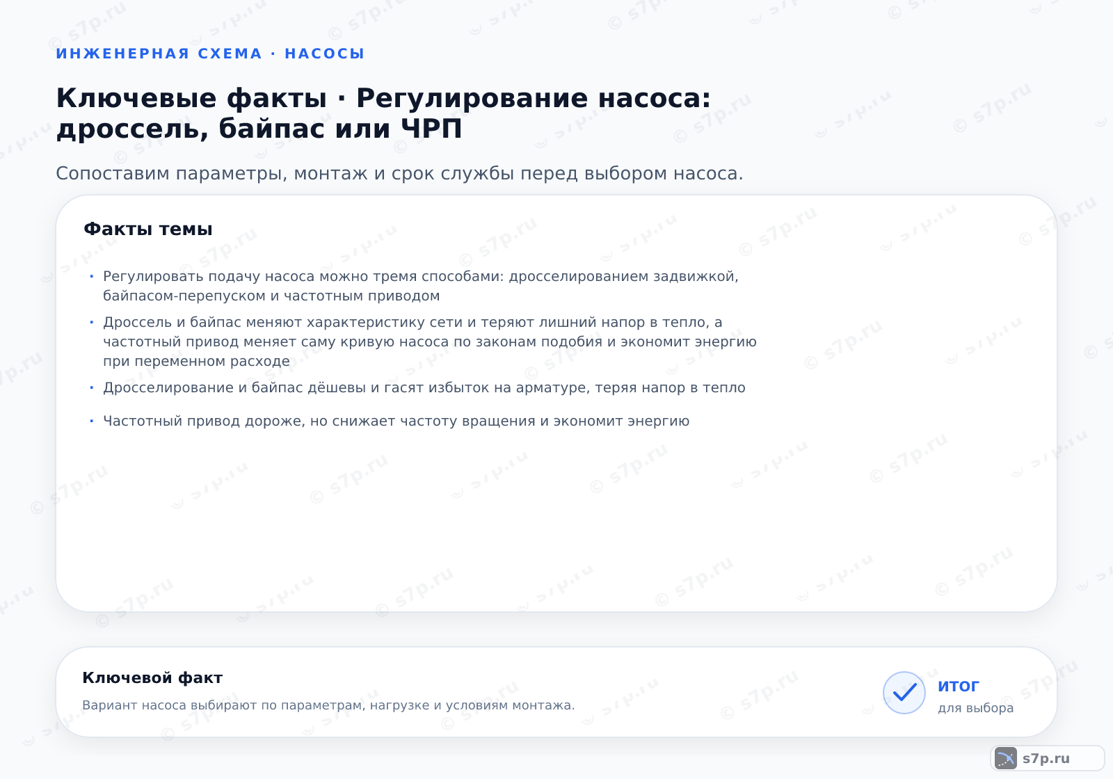 Карточки ключевых значений темы «Регулирование насоса: дроссель, байпас или ЧРП»: Регулировать подачу насоса можно тремя способами: дросселированием задвижкой, байпасом-перепуском и частотным приводом; Дроссель и байпас меняют характеристику сети и теряют лишний напор в тепло, а частотный привод меняет саму кривую насоса по законам подобия и экономит энергию при переменном расходе
