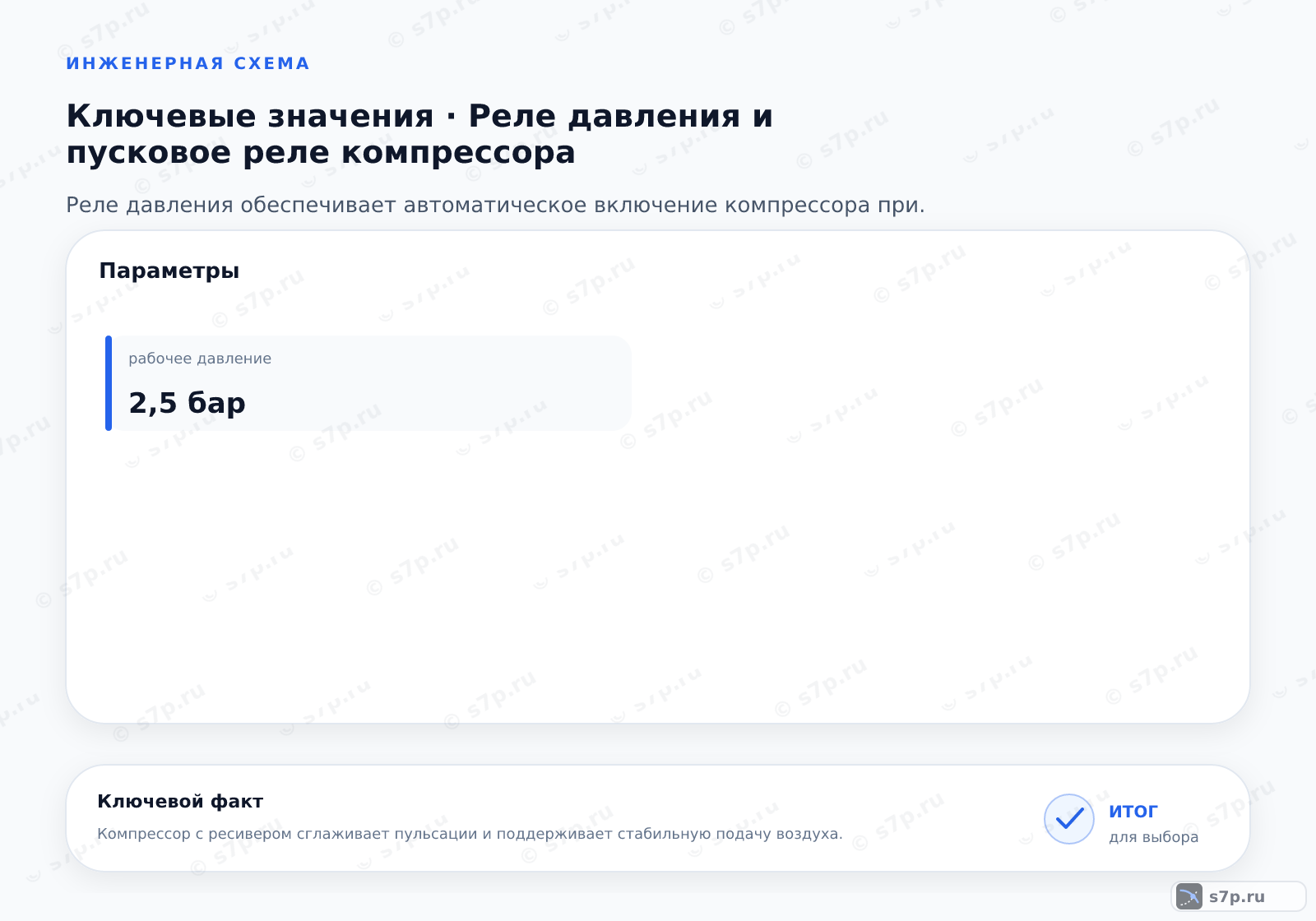 Карточки ключевых значений темы «Реле давления и пусковое реле компрессора»: рабочее давление — 2,5 бар