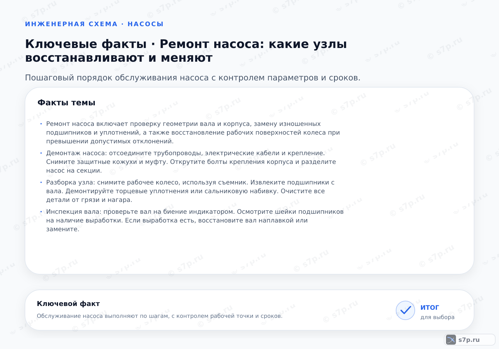 Карточки ключевых значений темы «Ремонт насоса: какие узлы восстанавливают и меняют»: Ремонт насоса включает проверку геометрии вала и корпуса, замену изношенных подшипников и уплотнений, а также восстановление рабочих поверхностей колеса при превышении допустимых отклонений.; Демонтаж насоса: отсоедините трубопроводы, электрические кабели и крепление. Снимите защитные кожухи и муфту. Открутите болты крепления корпуса и разделите насос на секции.