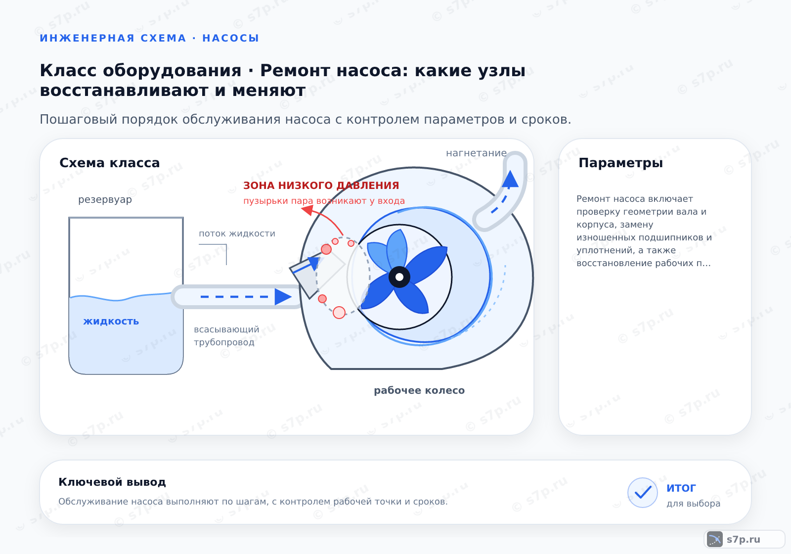 Схема класса «насос» для темы «Ремонт насоса: какие узлы восстанавливают и меняют»: ключевые параметры — Ремонт насоса включает проверку геометрии вала и корпуса, замену изношенных подшипников и уплотнений, а также восстановление рабочих поверхностей колеса при превышении допустимых отклонений.; Демонтаж насоса: отсоедините трубопроводы, электрические кабели и крепление. Снимите защитные кожухи и муфту. Открутите болты крепления корпуса и разделите насос на секции.