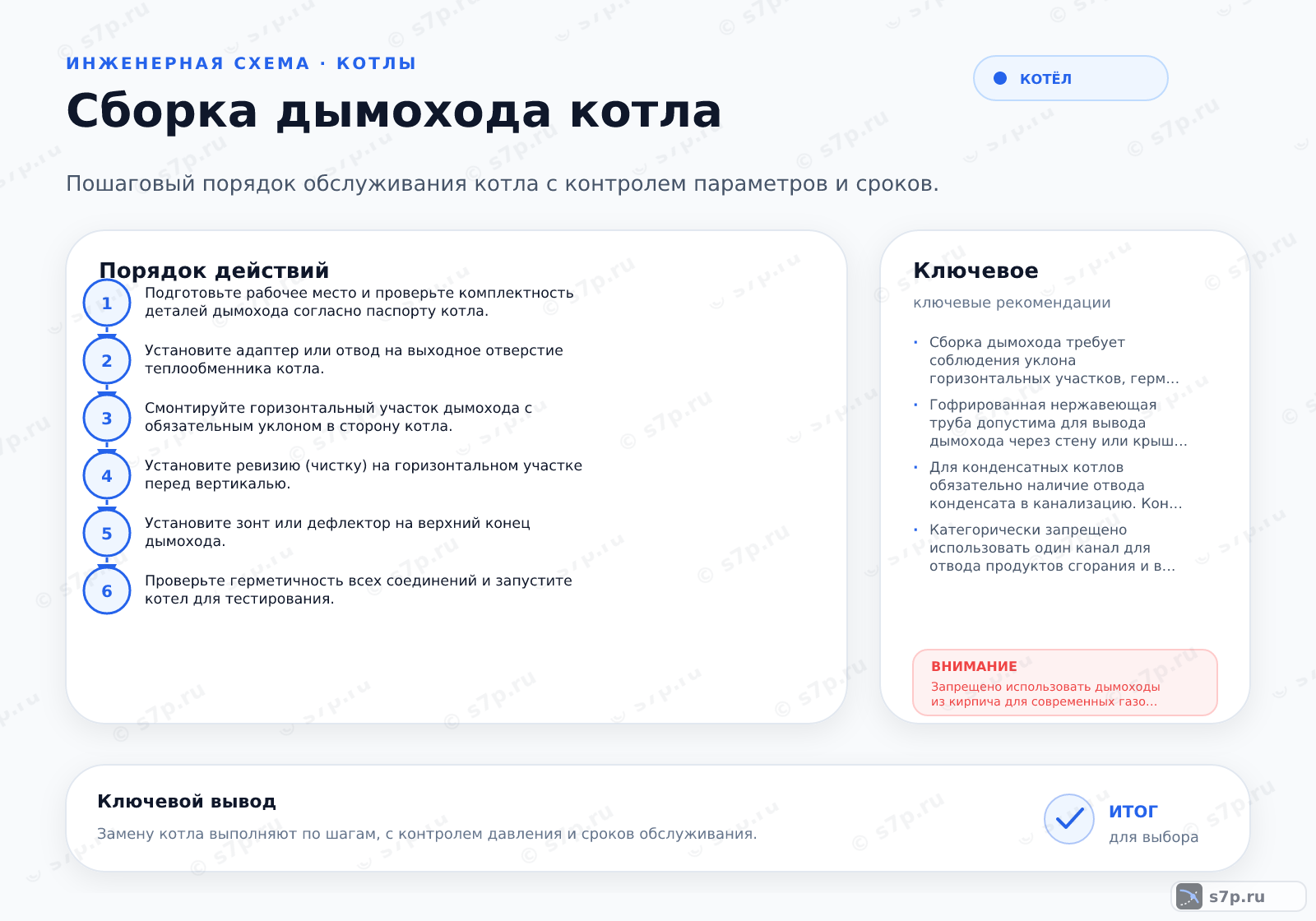 Hero-инфографика темы «Сборка дымохода котла»: котёл; ключевые данные: рабочее давление котла — 2 бар