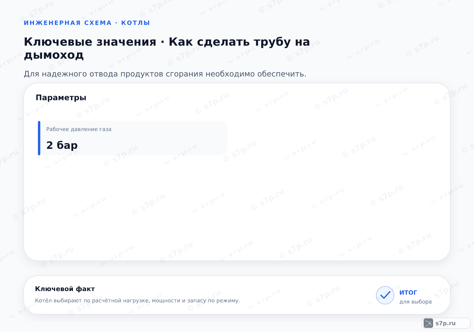 Карточки ключевых значений темы «Как сделать трубу на дымоход»: Рабочее давление газа — 2 бар