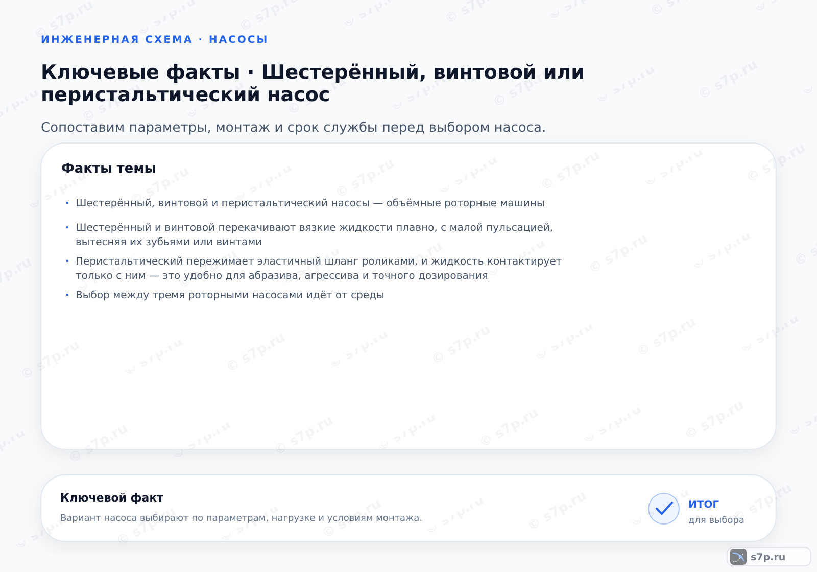 Карточки ключевых значений темы «Шестерённый, винтовой или перистальтический насос»: Шестерённый, винтовой и перистальтический насосы — объёмные роторные машины; Шестерённый и винтовой перекачивают вязкие жидкости плавно, с малой пульсацией, вытесняя их зубьями или винтами