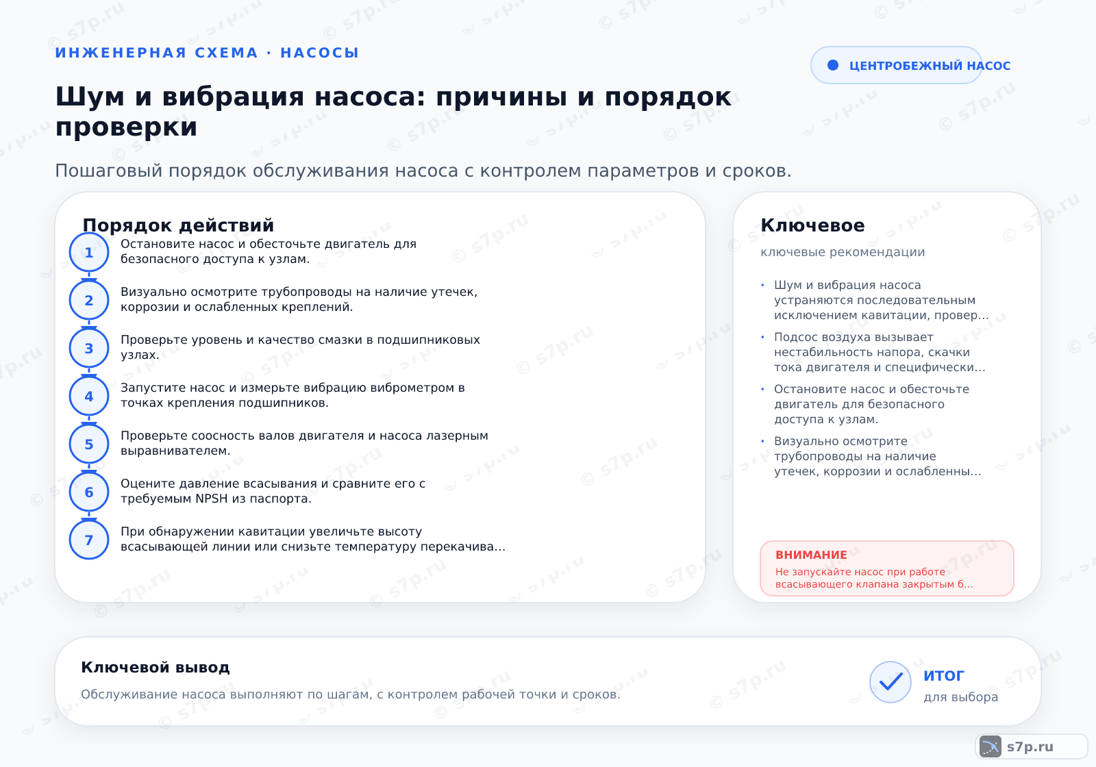 Hero-инфографика темы «Шум и вибрация насоса: причины и порядок проверки»: насос; ключевые данные: Шум и вибрация насоса устраняются последовательным исключением кавитации, проверкой соосности, состояния подшипников и герметичности всасывающего трубопровода.; Подсос воздуха вызывает нестабильность напора, скачки тока двигателя и специфический шипящий или булькающий звук. Визуально это проявляется как пульсация манометра на выходе. Проверьте все фланцевые соединения, уплотнения вала и сальники на герметичность. Используйте ультразвуковой детектор утечек для точного определения места подсоса. Убедитесь, что уровень жидкости в приемной емкости выше критической отметки.