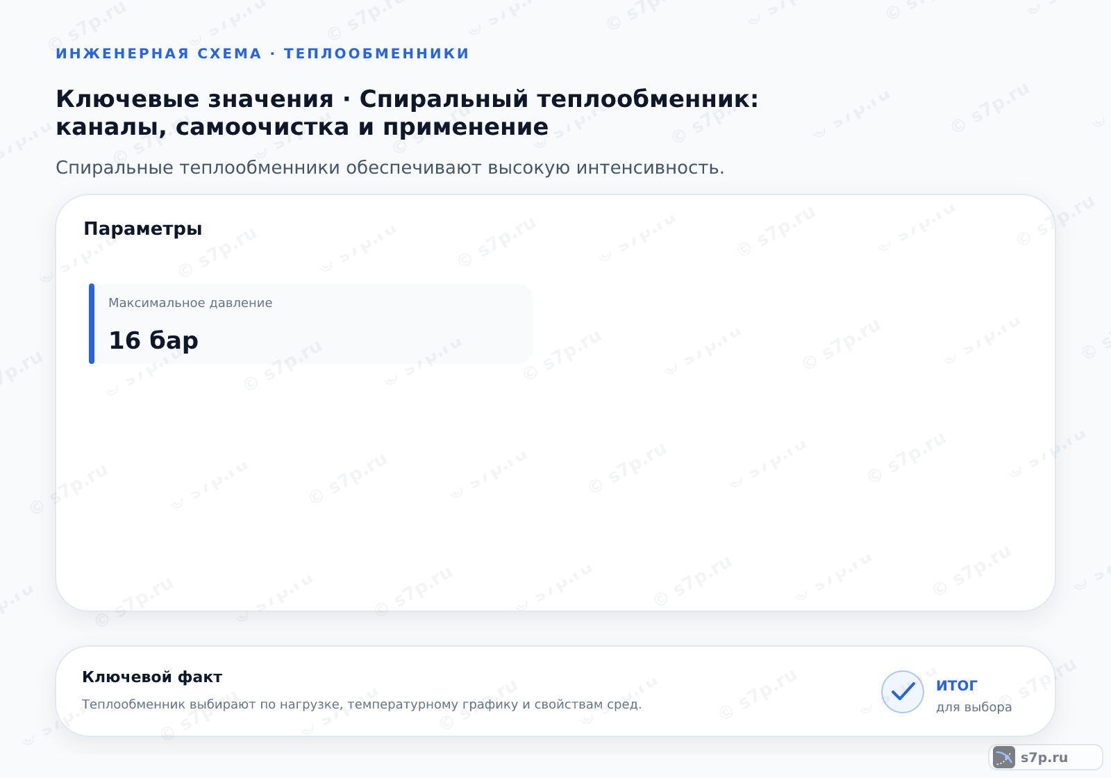 Карточки ключевых значений темы «Спиральный теплообменник: каналы, самоочистка и применение»: Максимальное давление — 16 бар