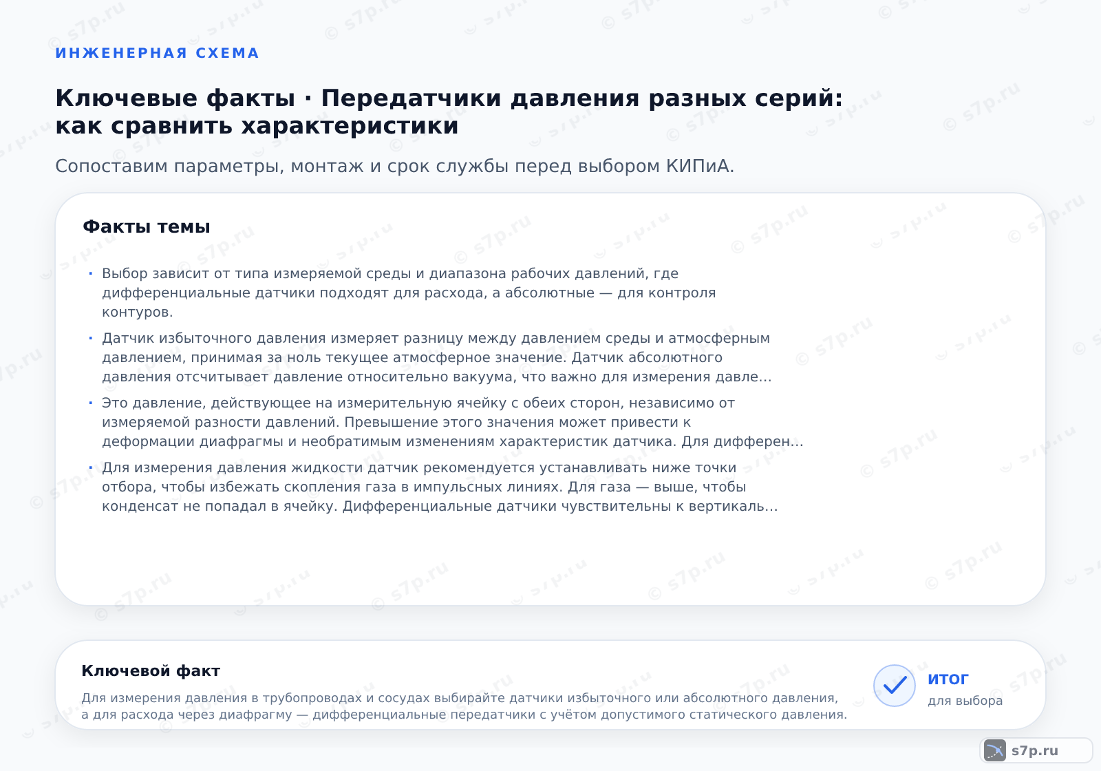 Карточки ключевых значений темы «Передатчики давления разных серий: как сравнить характеристики»: Выбор зависит от типа измеряемой среды и диапазона рабочих давлений, где дифференциальные датчики подходят для расхода, а абсолютные — для контроля контуров.; Датчик избыточного давления измеряет разницу между давлением среды и атмосферным давлением, принимая за ноль текущее атмосферное значение. Датчик абсолютного давления отсчитывает давление относительно вакуума, что важно для измерения давления пара или газов в замкнутых системах, где атмосферное давление может варьироваться. Выбор зависит от технологической задачи и требований к точности относительных или абсолютных величин.