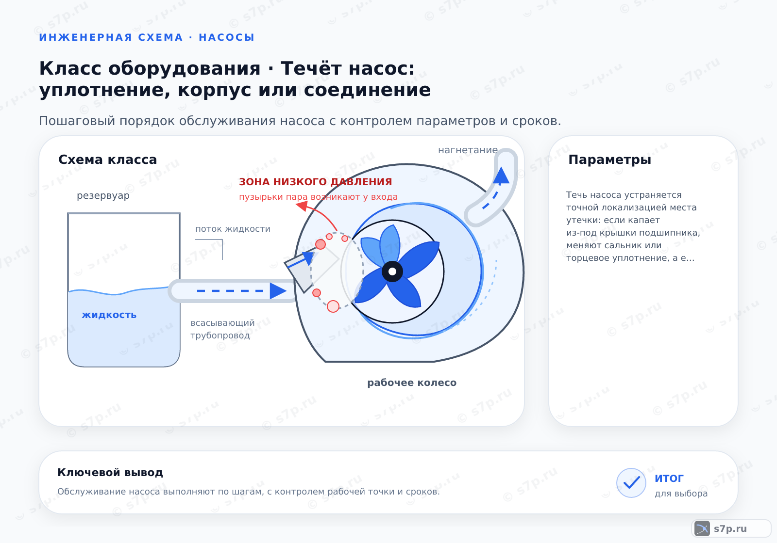 Схема класса «насос» для темы «Течёт насос: уплотнение, корпус или соединение»: ключевые параметры — Течь насоса устраняется точной локализацией места утечки: если капает из-под крышки подшипника, меняют сальник или торцевое уплотнение, а если сочится из стыка корпусных деталей — заменяют прокладку или подтягивают крепёж.; Резьбовые соединения могут подтекать из-за недостаточного количества уплотнительного материала или повреждения резьбы. Для проверки затяните фитинг ключом, прилагая умеренное усилие, чтобы не сорвать резьбу. Если течь прекратилась, проблема была в ослаблении. Если нет, разберите соединение, очистите резьбу и намотайте новый уплотнитель (ФУМ-ленту или лен с пастой). Важно не перетянуть, так как пластиковая резьба быстро треснет. Проверка проводится под рабочим давлением после сборки.