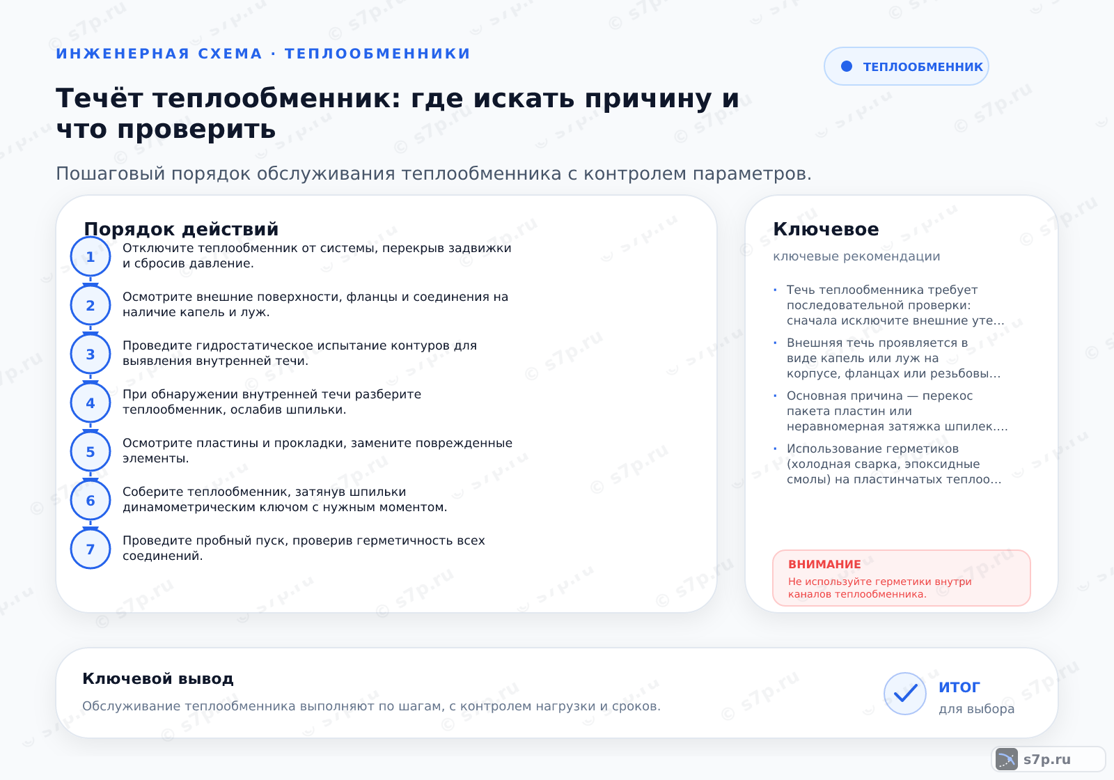 Hero-инфографика темы «Течёт теплообменник: где искать причину и что проверить»: теплообменник; ключевые данные: Течь теплообменника требует последовательной проверки: сначала исключите внешние утечки через фланцы, затем проверьте герметичность межпластинчатого пространства на перепад давления, и только при их отсутствии разбирайте пластинчатый теплообменник для замены уплотнений или пластин.; Внешняя течь проявляется в виде капель или луж на корпусе, фланцах или резьбовых соединениях. Внутренняя течь (перемешивание сред) не видна визуально снаружи. Для её выявления необходимо замерить давление в отключенном контуре. Если давление падает без видимых внешних утечек, значит, среда проходит через поврежденную прокладку или трещину пластины в смежный контур. Также можно использовать УФ-краску, добавленную в один контур, и проверить второй контур на её наличие.