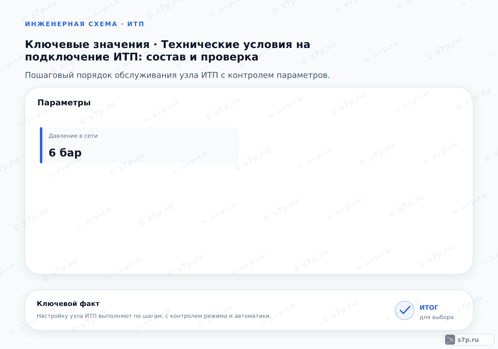 Карточки ключевых значений темы «Технические условия на подключение ИТП: состав и проверка»: Давление в сети — 6 бар