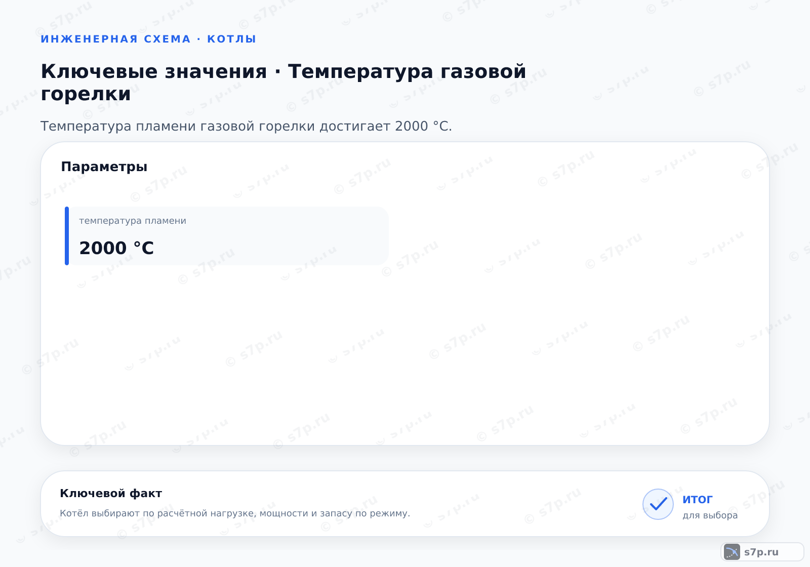 Карточки ключевых значений темы «Температура газовой горелки»: температура пламени — 2000 °C
