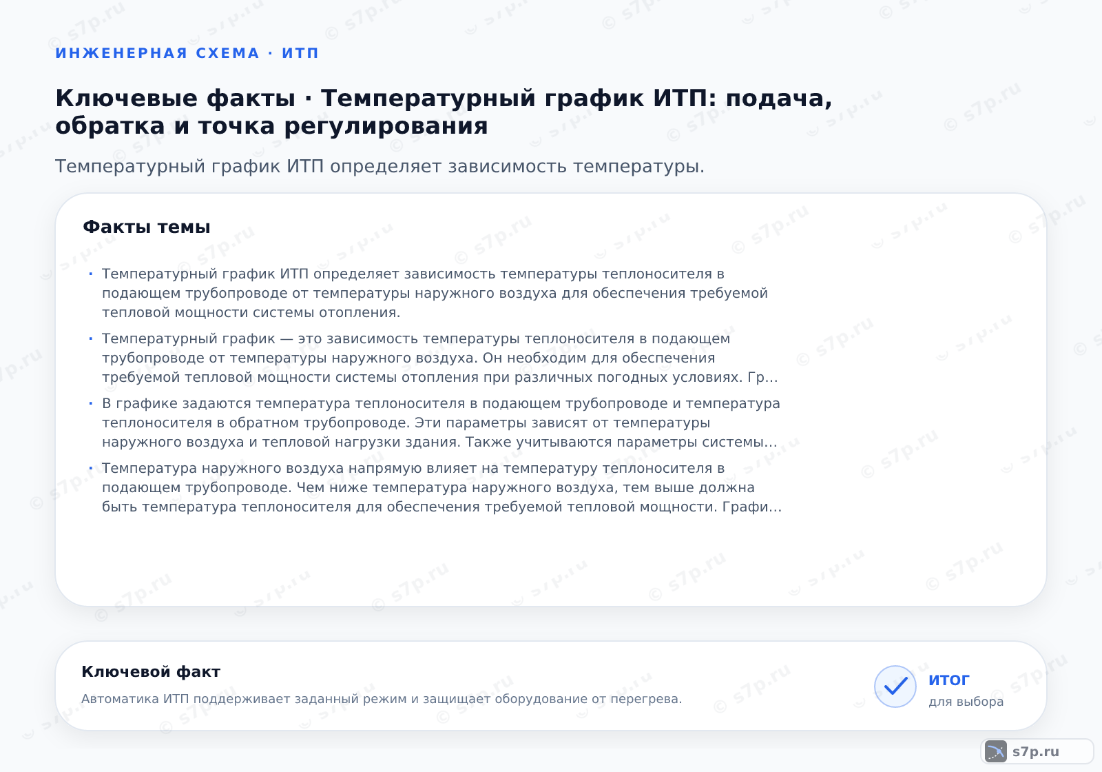 Карточки ключевых значений темы «Температурный график ИТП: подача, обратка и точка регулирования»: Температурный график ИТП определяет зависимость температуры теплоносителя в подающем трубопроводе от температуры наружного воздуха для обеспечения требуемой тепловой мощности системы отопления.; Температурный график — это зависимость температуры теплоносителя в подающем трубопроводе от температуры наружного воздуха. Он необходим для обеспечения требуемой тепловой мощности системы отопления при различных погодных условиях. График строится на основе теплотехнических расчетов и учитывает теплопотери здания, температуру внутри помещения и параметры системы отопления.