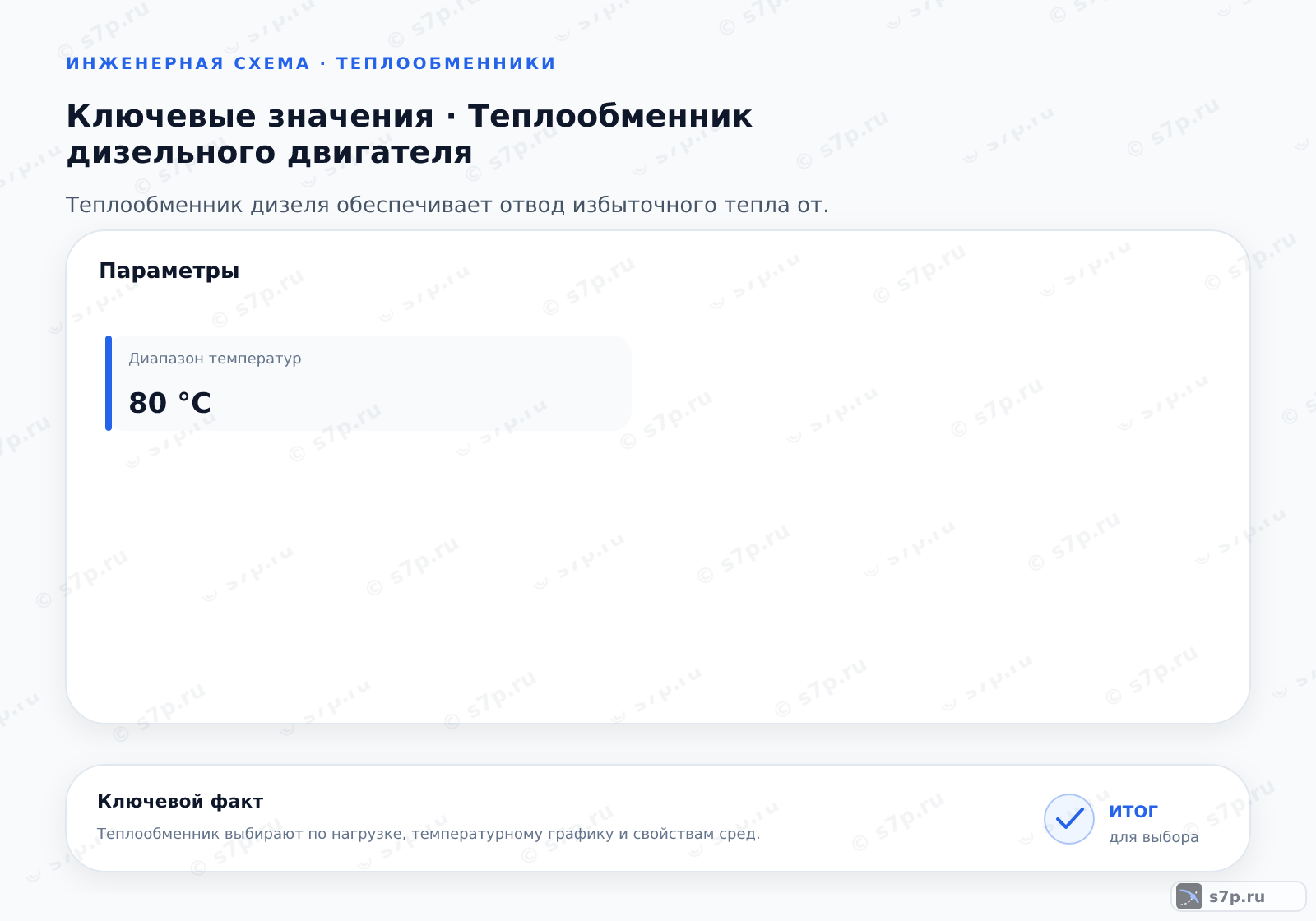 Карточки ключевых значений темы «Теплообменник дизельного двигателя»: Диапазон температур — 80 °C