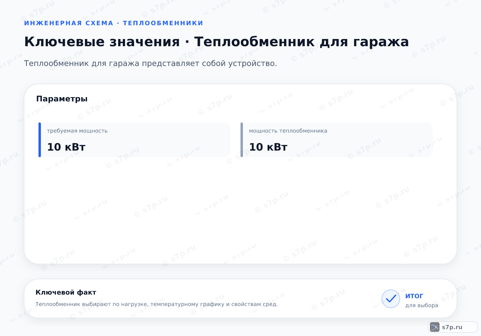Карточки ключевых значений темы «Теплообменник для гаража»: требуемая мощность — 10 кВт; мощность теплообменника — 10 кВт