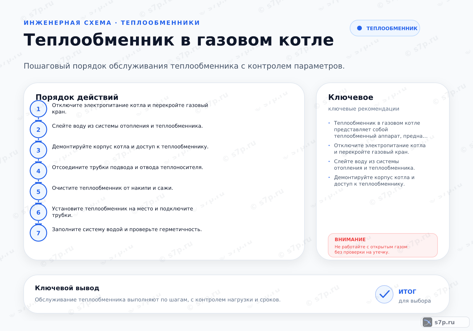 Hero-инфографика темы «Теплообменник в газовом котле»: котёл; ключевые данные: Теплообменник в газовом котле представляет собой теплообменный аппарат, предназначенный для передачи тепловой энергии от продуктов сгорания газа теплоносителю системы отопления или ГВС.; Отключите электропитание котла и перекройте газовый кран.