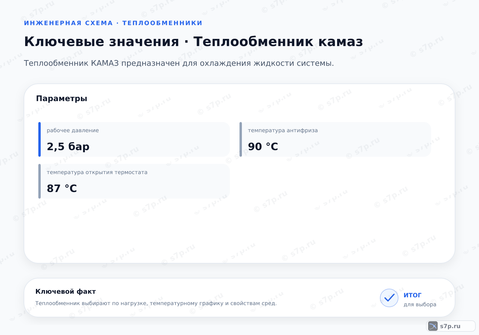 Карточки ключевых значений темы «Теплообменник камаз»: температура антифриза — 90 °C; температура открытия термостата — 87 °C
