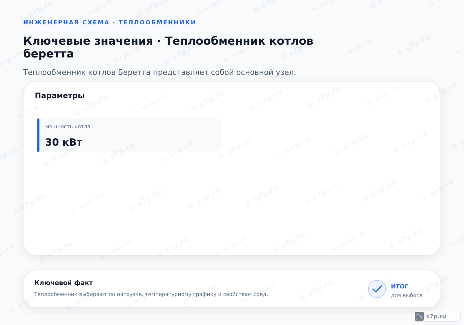 Карточки ключевых значений темы «Теплообменник котлов беретта»: мощность котла — 30 кВт