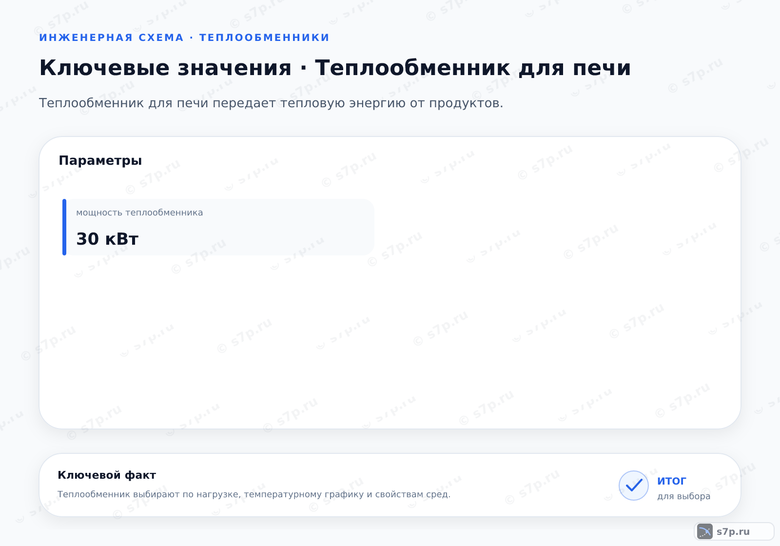 Карточки ключевых значений темы «Теплообменник для печи»: мощность теплообменника — 30 кВт