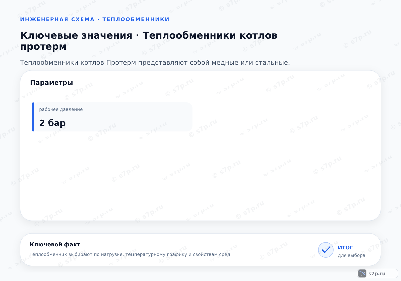 Карточки ключевых значений темы «Теплообменники котлов протерм»: рабочее давление — 2 бар