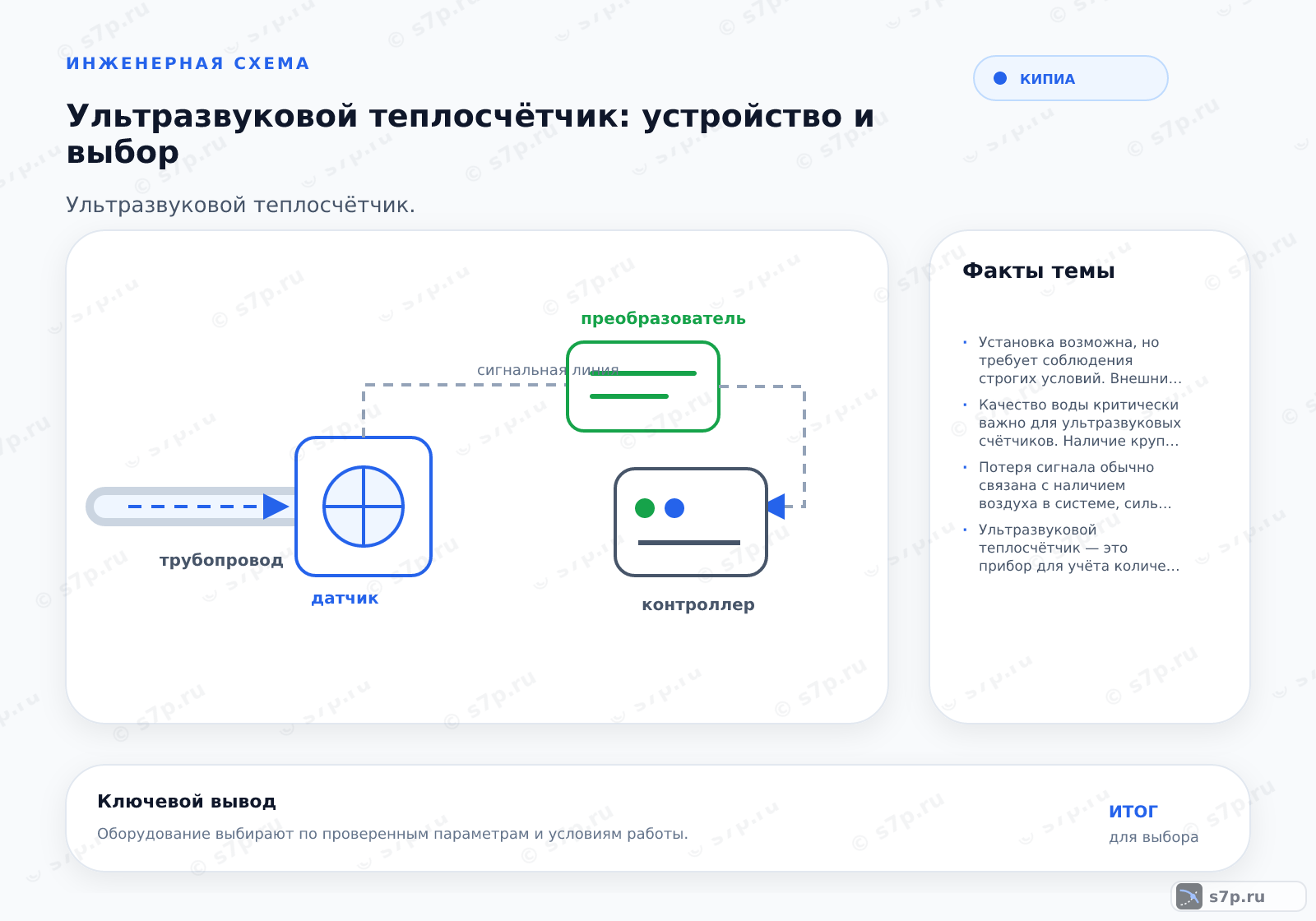 Hero-инфографика темы «Ультразвуковой теплосчётчик: устройство и выбор»: КИПиА; ключевые данные: Установка возможна, но требует соблюдения строгих условий. Внешние датчики должны быть установлены на прямом участке трубы, чтобы обеспечить полное заполнение сечения и стабильный профиль скорости. Наличие сильных отложений или коррозии на внутренней поверхности трубы может искажать сигнал и снижать точность. Рекомендуется использовать трубы с гладкой внутренней поверхностью. Перед установкой необходимо проверить целостность трубопровода и отсутствие воздушных карманов. В случае сильного загрязнения труб может потребоваться их промывка или замена участка.; Качество воды критически важно для ультразвуковых счётчиков. Наличие крупных механических примесей, пузырьков воздуха или сильной кавитации может рассеивать или блокировать ультразвуковой сигнал, приводя к потере данных или ошибкам измерения. Чистая вода с минимальным содержанием взвешенных частиц обеспечивает наилучшие результаты. В системах с жёсткой водой и частыми осадками требуется установка фильтров грубой очистки. Также важно избегать попадания воздуха в трубопровод, так как газовые пузырьки сильно влияют на скорость звука.