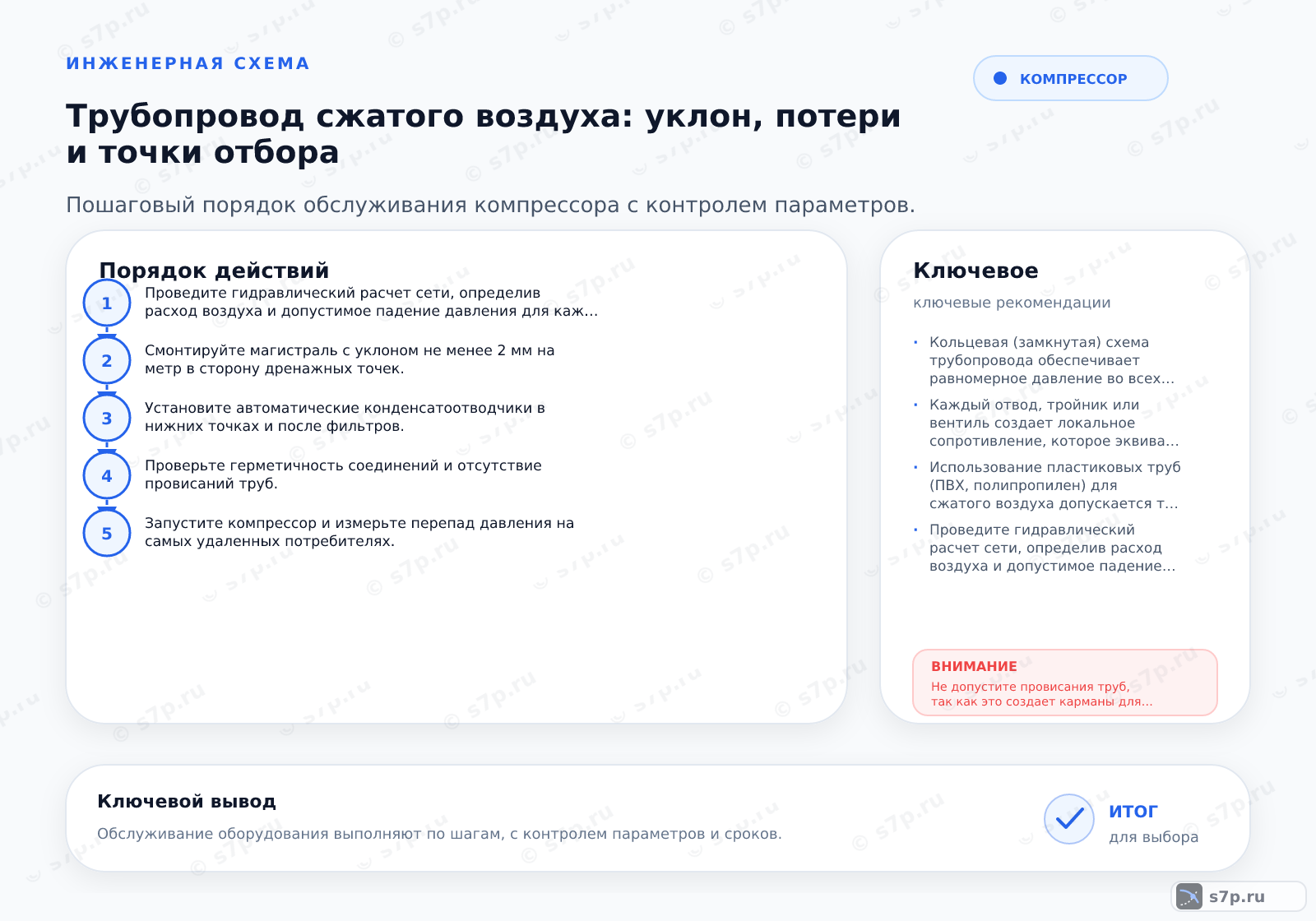 Hero-инфографика темы «Трубопровод сжатого воздуха: уклон, потери и точки отбора»: компрессор; ключевые данные: Кольцевая (замкнутая) схема трубопровода обеспечивает равномерное давление во всех точках сети. В тупиковой схеме давление падает по мере удаления от компрессора, что может привести к нехватке воздуха у дальних потребителей. В кольцевой системе воздух подходит к потребителю с двух сторон, что удваивает эффективный диаметр магистрали и снижает скорость потока. Это минимизирует перепады давления при пиковых нагрузках и позволяет эффективно отводить конденсат через дренажные точки, расположенные в нижней части кольца.; Каждый отвод, тройник или вентиль создает локальное сопротивление, которое эквивалентно определенной длине прямой трубы. Использование угловых соединений с малым радиусом изгиба значительно увеличивает потери давления. Рекомендуется использовать плавные отводы и фитинги с проходным сечением, равным сечению трубы. Замена стандартных вентилей на краны с полным проходом (ball valves) снижает сопротивление. При проектировании важно суммировать эквивалентные длины всех фитингов для точного расчета общего перепада давления в сети.
