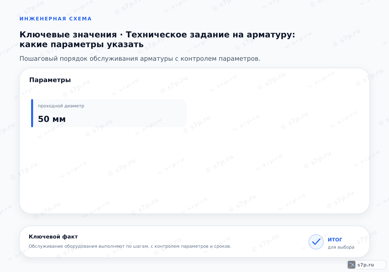 Карточки ключевых значений темы «Техническое задание на арматуру: какие параметры указать»: проходной диаметр — 50 мм